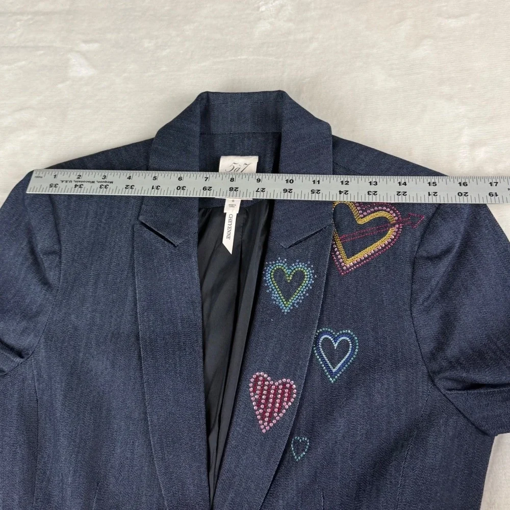 Cinq a Sept Cheyenne Blazer Women Size 6 Blue Denim Rhinestone Heart Embellished